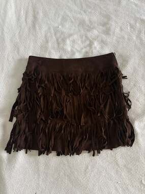 i Jeans by Buffalo Brown Faux Suede Tiered Fringe Mini Skirt
